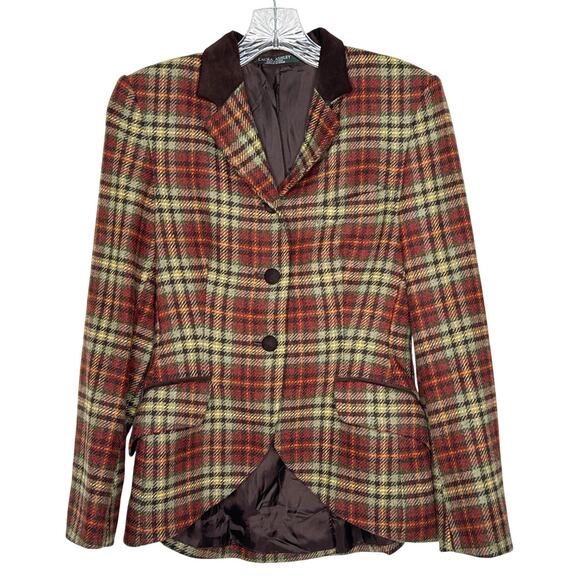 Vintage Laura Ashley brown Plaid Wool Blazer suede collar Equestrian Academia 4 - Picture 1 of 14